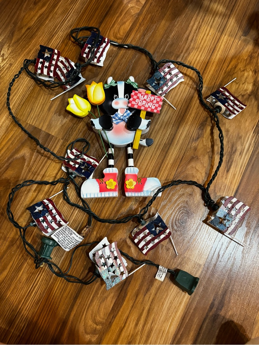 Whimsical Cow 'Happy Spring' and USA 4th of July  String Lights - Multicolor